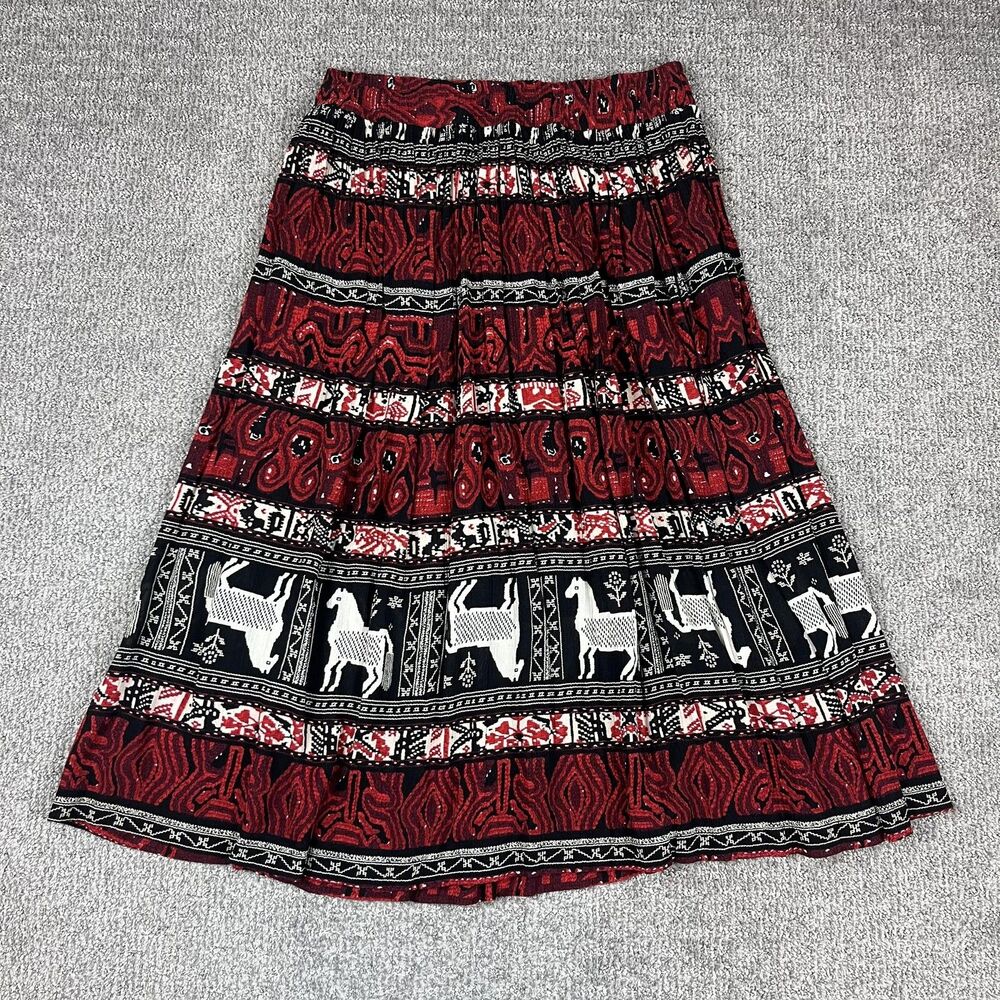 Vintage AKF Skirt Womens Medium Red Animal Peasant Boho Midi Festival 80s 90s